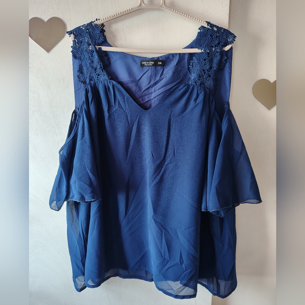 SHEIN Navy Blue Lace Cold Shoulder Blouse